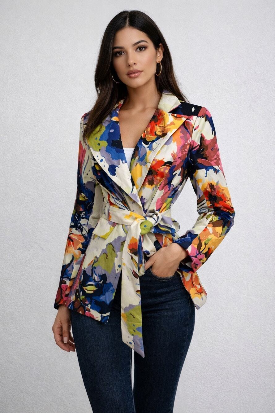 LOVE Highlights Bright Colorful Floral Long Sleeve Button Up Shoulder Pad Blazer
